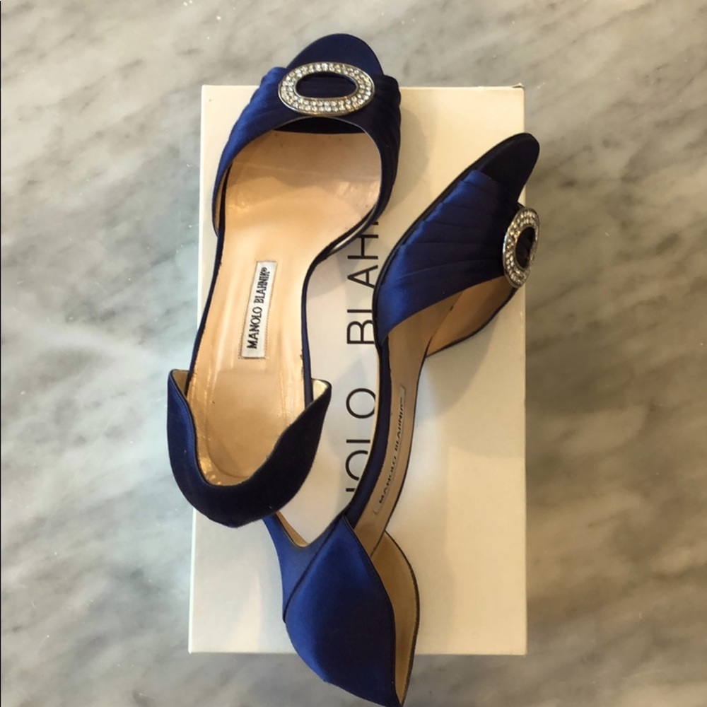 Manolo Blahnik navy satin d’orsey sandals